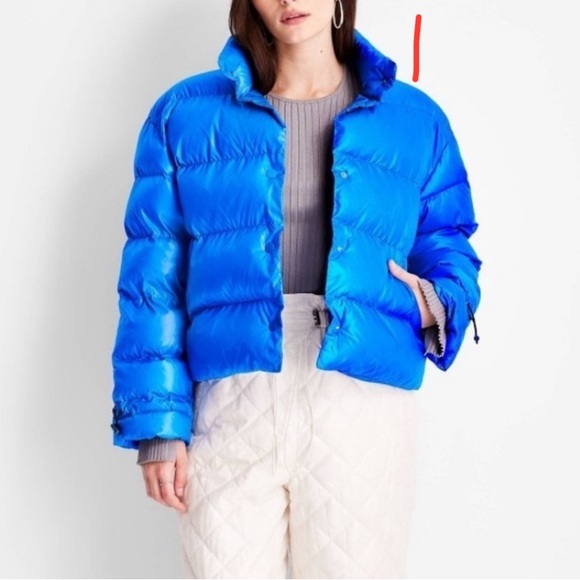 Future Collective Kahlana Barfield  Glossy Puffer Crop Jacket Blue  Size L - Picture 5 of 12